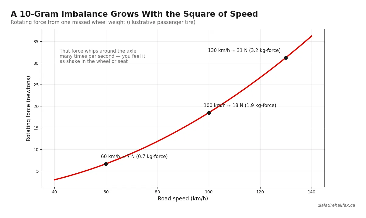 Wheel imbalance force versus speed chart. A 10 gram weight grows with the square of speed