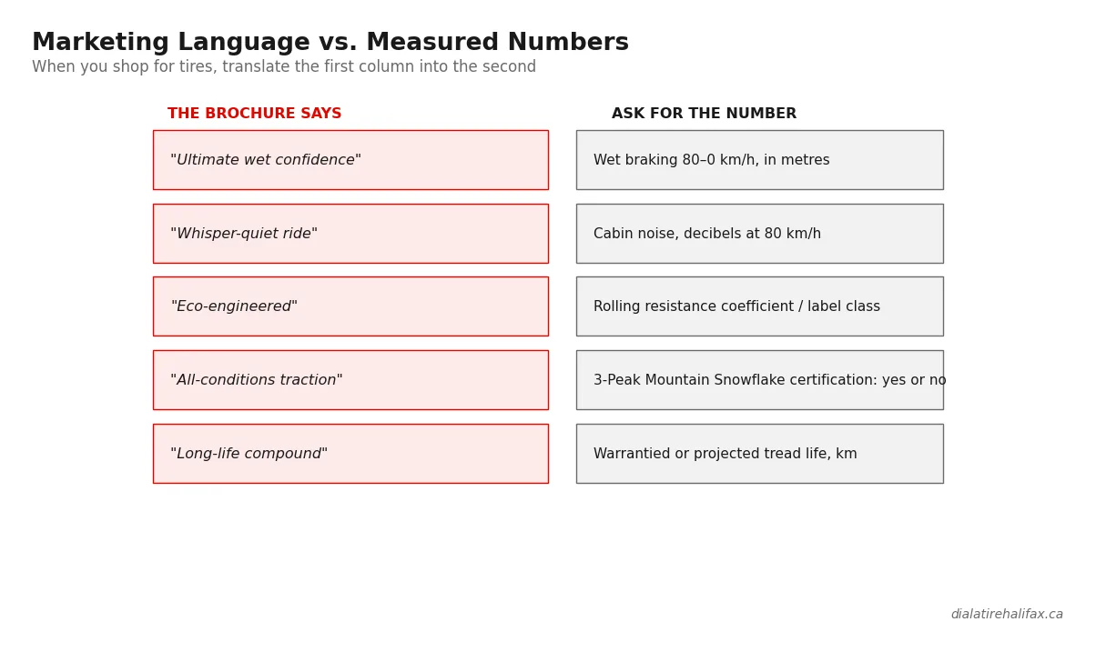 Tire marketing language translated into measurable test numbers comparison