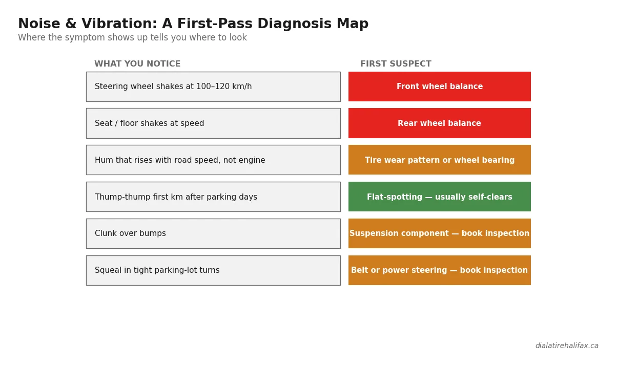 Car noise and vibration first-pass diagnosis map matching symptoms to likely causes