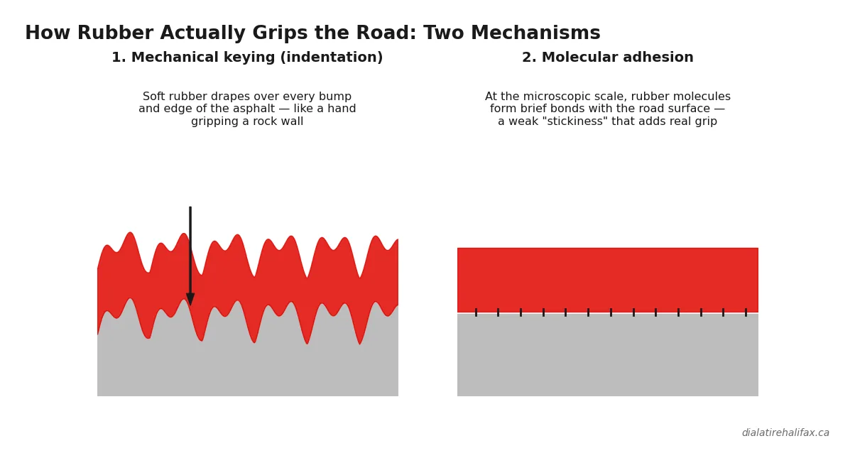 How tire rubber grips the road through mechanical keying and molecular adhesion