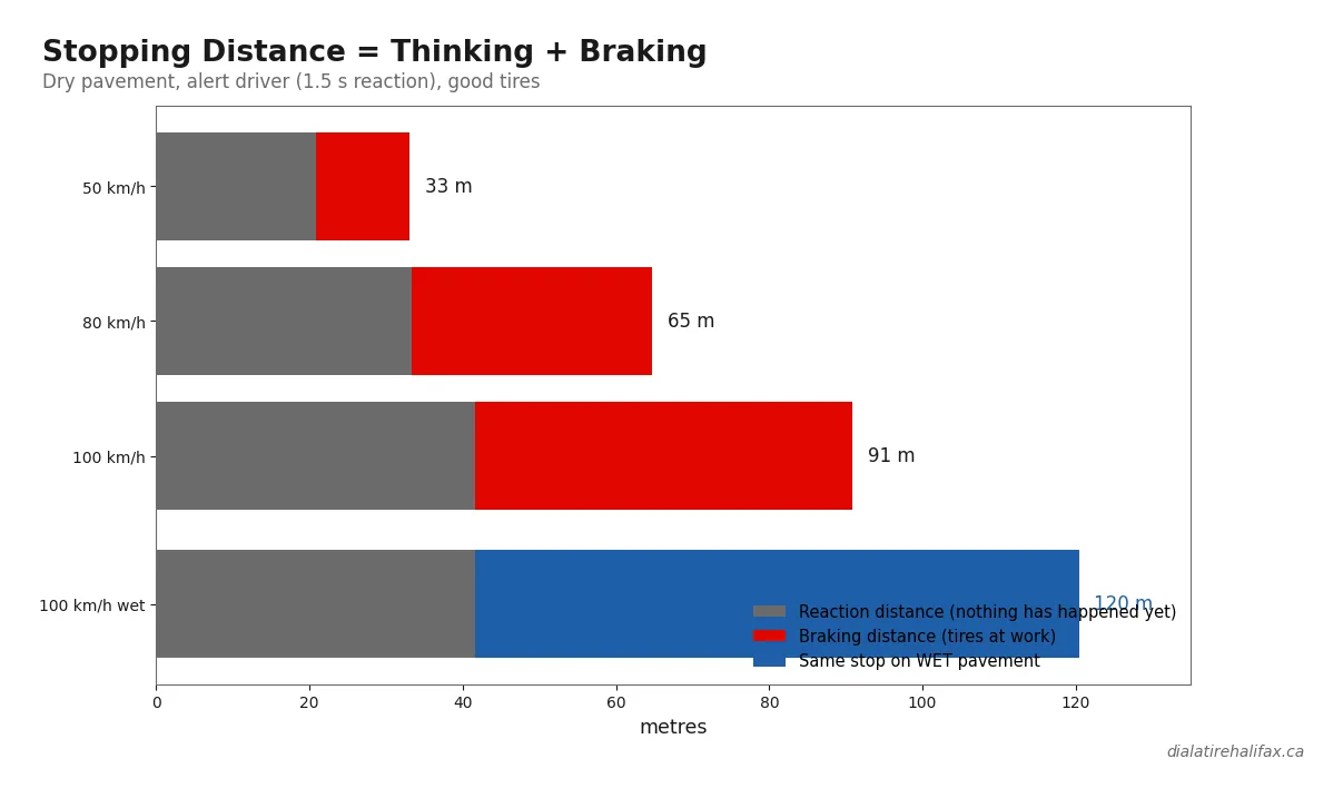 Stopping distance components chart: reaction distance plus braking distance at 50, 80 and 100 km/h