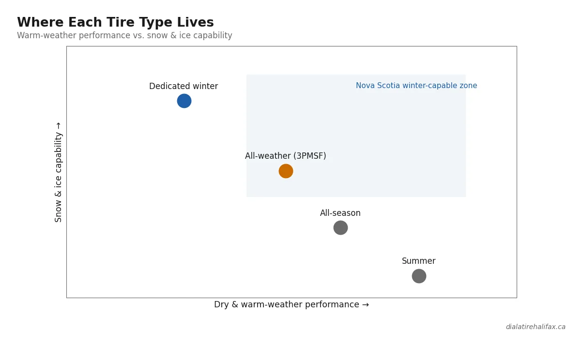 Tire type positioning chart: summer, all-season, all-weather and winter tires by capability