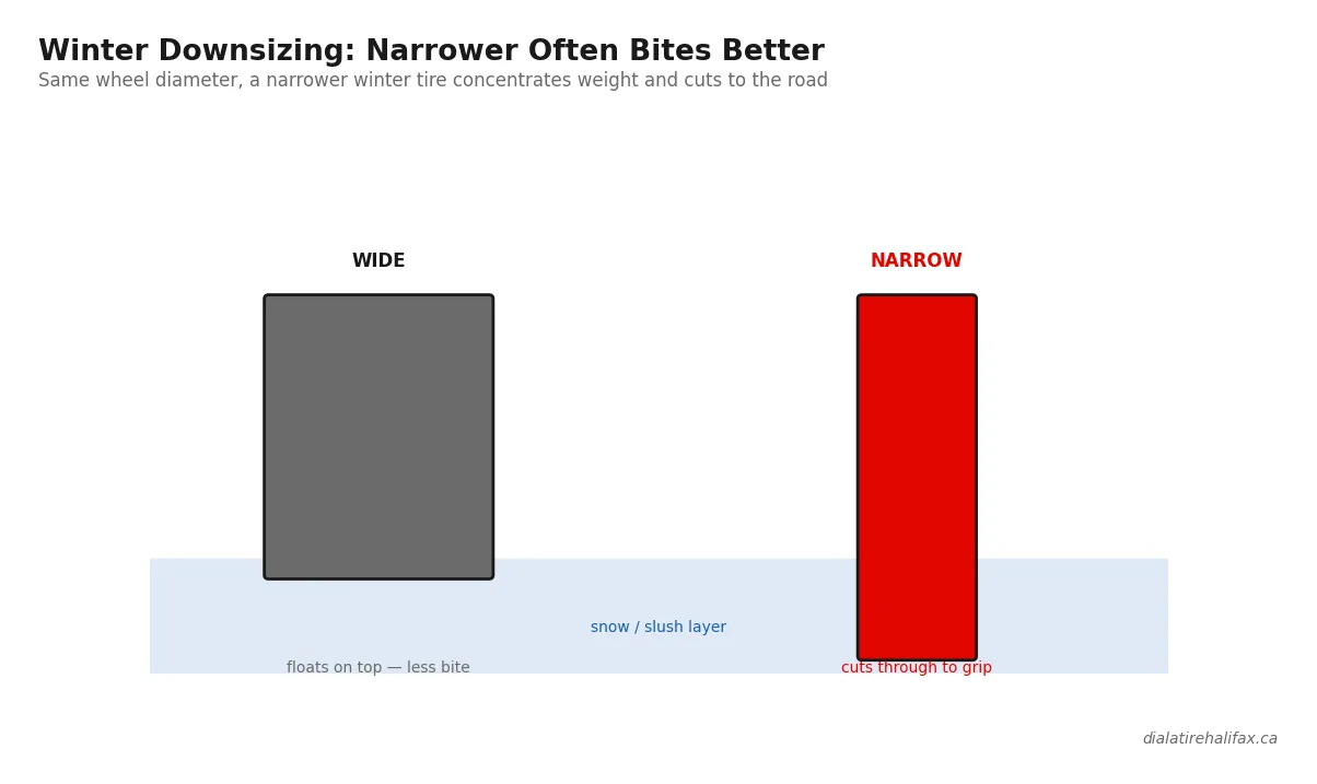 Diagram showing a narrower winter tire cutting through snow versus a wide tire floating on top